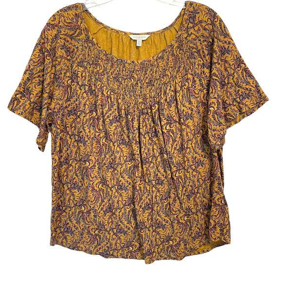 Lucky Brand Paisley Smocked Knit Top Womens Large Mustard Cotton & Modal Boho - Picture 1 of 8